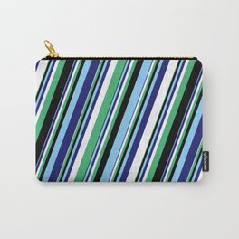 [ Thumbnail: Eyecatching White, Sea Green, Black, Light Sky Blue, and Midnight Blue Colored Stripes Pattern Carry-All Pouch ]