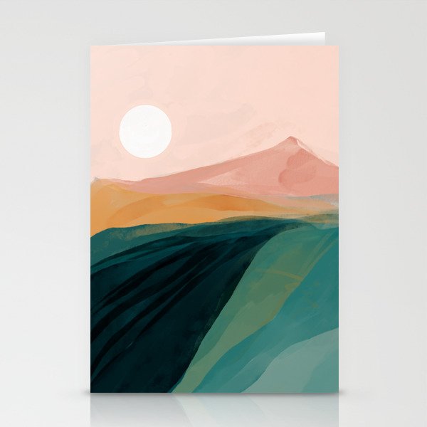 pink, green, gold moon watercolor mountains Stationery Cards