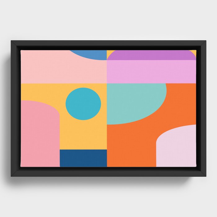 Playful Color Block Shapes in Bright Shades of Orange, Blue, Yellow, and Pink Framed Canvas