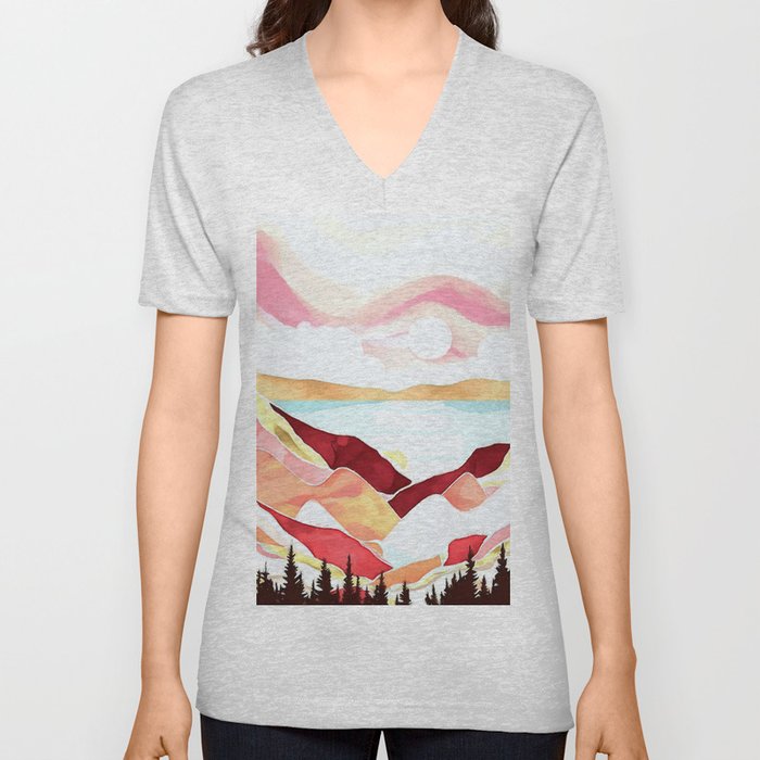 Alpine mountain pink sunset watercolor landscape painting for home, bedroom, living room, and wall decor V Neck T Shirt