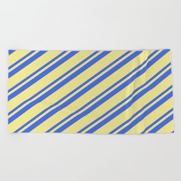 [ Thumbnail: Royal Blue & Tan Colored Stripes Pattern Beach Towel ]