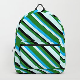 [ Thumbnail: Forest Green, Deep Sky Blue, Light Cyan & Black Colored Stripes/Lines Pattern Backpack ]