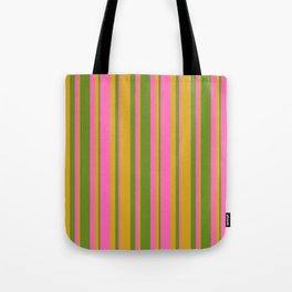 [ Thumbnail: Green, Goldenrod & Hot Pink Colored Lined Pattern Tote Bag ]