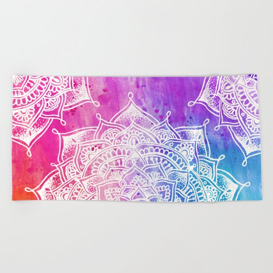 White Mandala on Watercolour Beach Towel