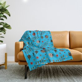 Ladybug and Floral Seamless Pattern on Turquoise Background Throw Blanket