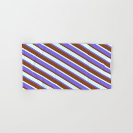 [ Thumbnail: Medium Slate Blue, Brown & Light Cyan Colored Pattern of Stripes Hand & Bath Towel ]