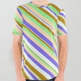 [ Thumbnail: Eye-catching Dark Goldenrod, Green, Beige, Medium Slate Blue, and Mint Cream Colored Stripes Pattern All Over Graphic Tee ]