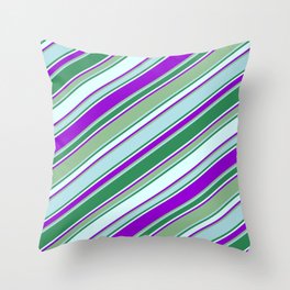 [ Thumbnail: Vibrant Dark Sea Green, Powder Blue, Sea Green, Light Cyan & Dark Violet Colored Lines Pattern Throw Pillow ]
