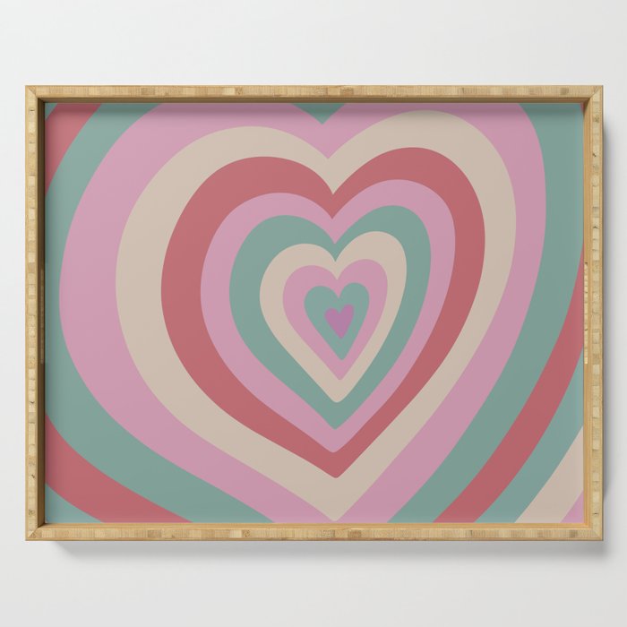 Retro Groovy Love Hearts - mod teal red pink beige Serving Tray