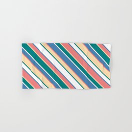[ Thumbnail: Light Coral, Tan, Teal, White & Blue Colored Striped/Lined Pattern Hand & Bath Towel ]