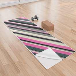 [ Thumbnail: Grey, Beige, Hot Pink, Dark Slate Gray, and Black Colored Lines/Stripes Pattern Yoga Towel ]