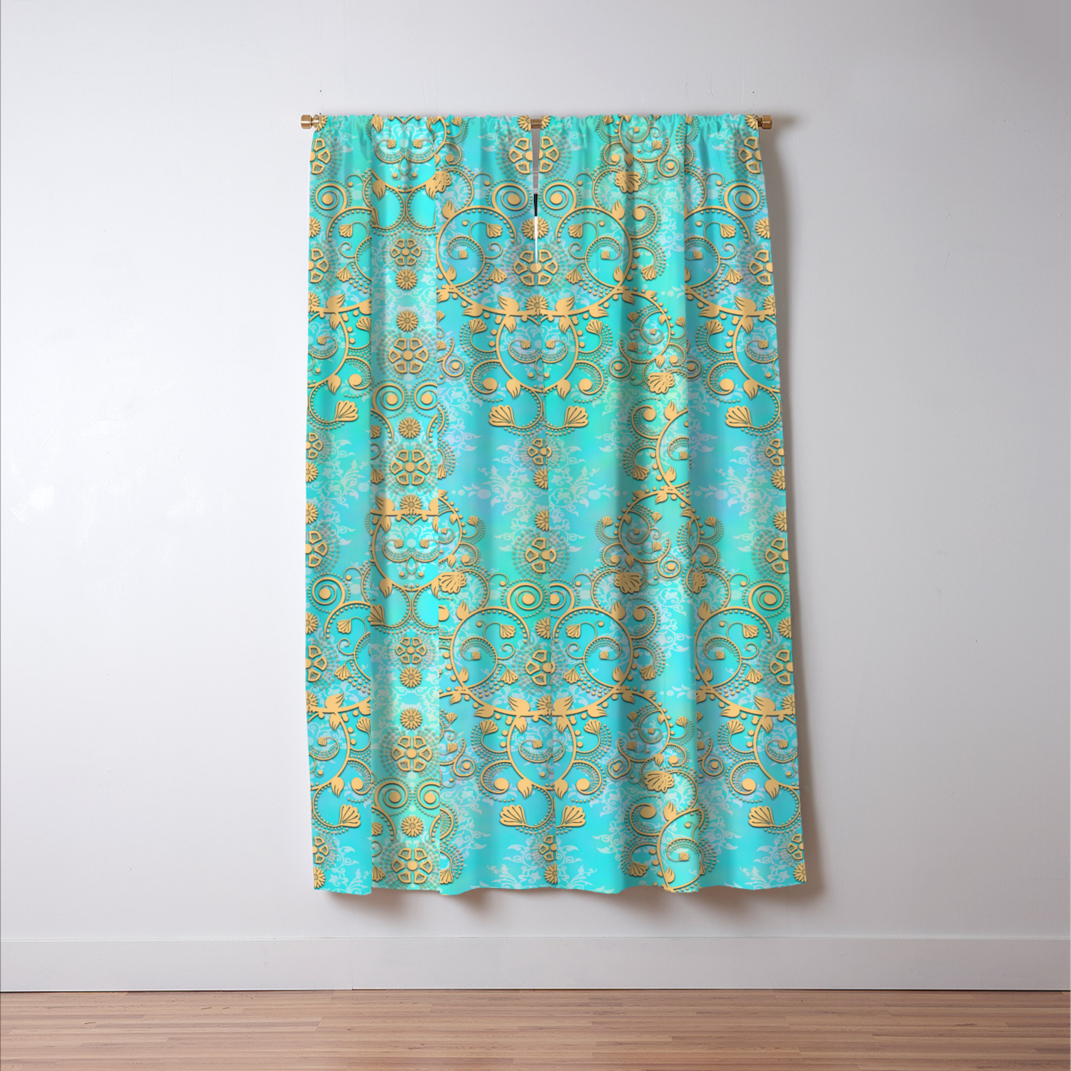 Teal Damask With Yellow Overlay Boho Blackout Curtain By