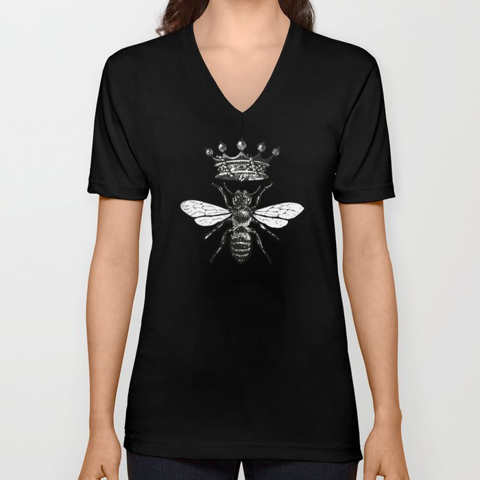Queen Bee No. 1 | Vintage Bee with Crown | Black and White | V Neck T Shirt