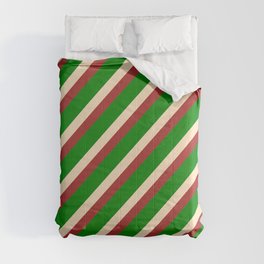 [ Thumbnail: Brown, Green & Bisque Colored Stripes Pattern Comforter ]