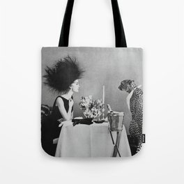 Dinner with Cheetah, Black and White, Vintage Art Tote Bag