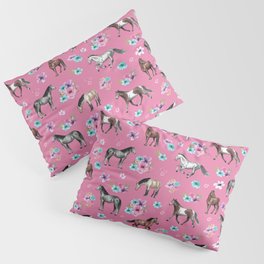 Pink Horse Print, Hand Drawn, Horses and Flowers, Girls Room, Pillow Sham