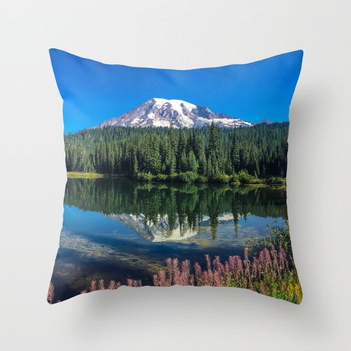 Reflection Lake, Mt. Rainier, Mountain, Scenic, Lake, Reflection Throw Pillow
