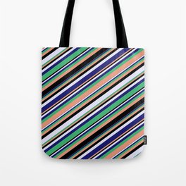 [ Thumbnail: Eyecatching Sea Green, Dark Salmon, Black, Lavender & Midnight Blue Colored Lines/Stripes Pattern Tote Bag ]