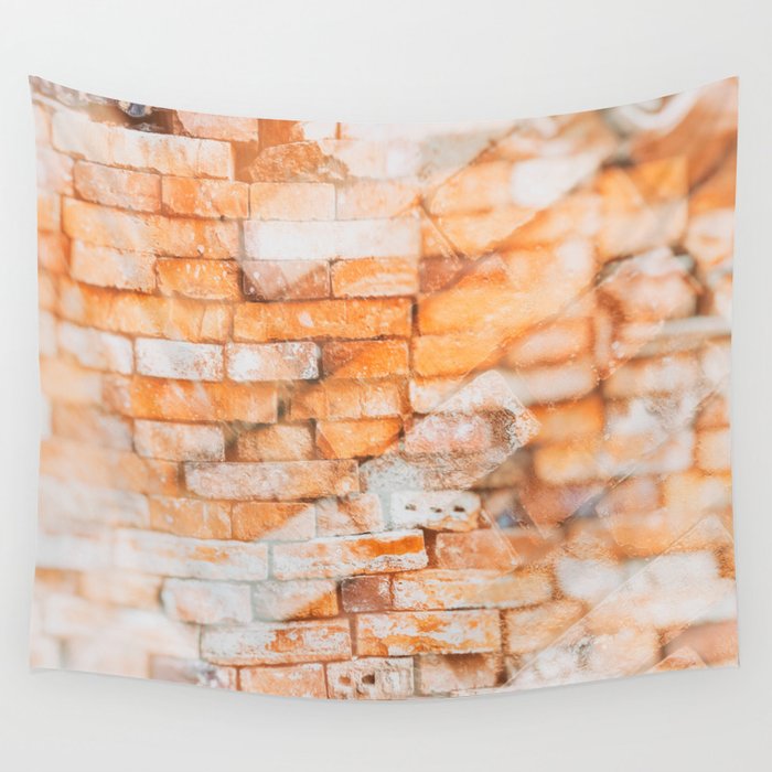 Retro style background or texture in double exposure. The stonewall from old orange bricks.  Wall Tapestry