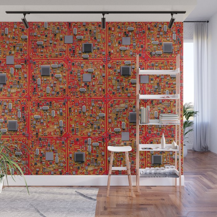 Computer Circuit Board Technology Gamer Data IT Pattern Red Wall Mural