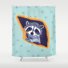 Peeking Raccoons #2 Blue Pallet Shower Curtain