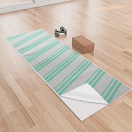 [ Thumbnail: Light Gray and Aquamarine Colored Striped Pattern Yoga Towel ]