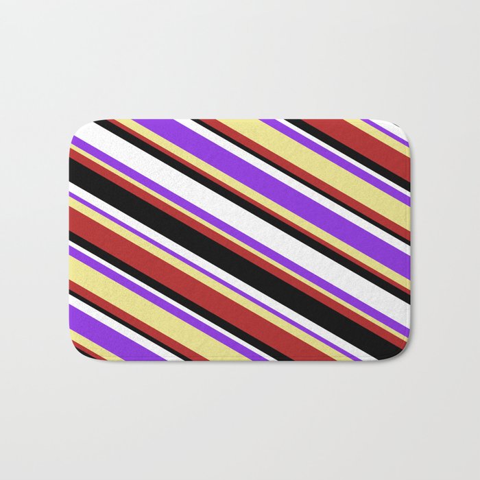 Colorful Purple, Tan, Red, Black & White Colored Stripes Pattern Bath Mat