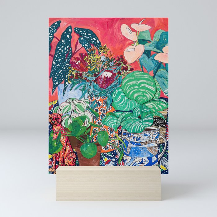 Jungle of Houseplants and Flowers on Bright Coral Pink with Wild Cats Mini Art Print