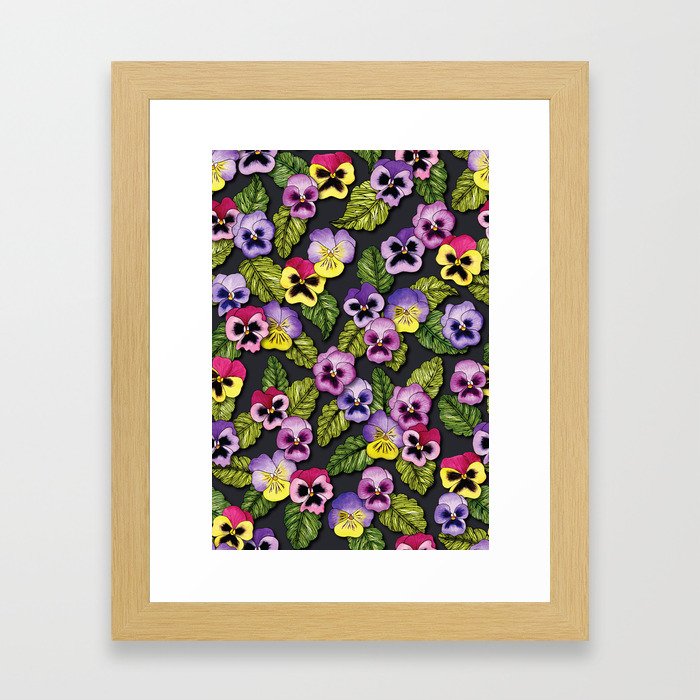 Purple, Red & Yellow Pansies With Green Leaves - Floral/Botanical Pattern Framed Art Print