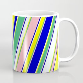 [ Thumbnail: Eyecatching Mint Cream, Yellow, Sea Green, Light Pink & Blue Colored Lines/Stripes Pattern Coffee Mug ]