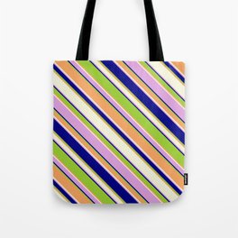 [ Thumbnail: Eyecatching Green, Brown, Beige, Plum & Blue Colored Stripes Pattern Tote Bag ]
