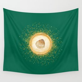 Watercolor Seashell Gold Circle Pendant on Green Wall Tapestry