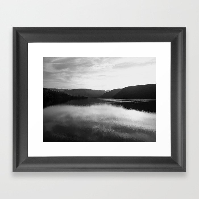 Monochromatic mountain lake landscape Framed Art Print