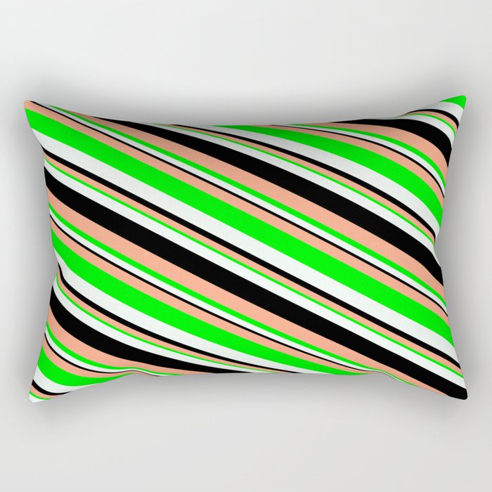 Light Salmon, Lime, Mint Cream & Black Colored Striped/Lined Pattern Rectangular Pillow