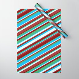 [ Thumbnail: Eyecatching Dark Red, Sea Green, Deep Sky Blue, Light Cyan & Brown Colored Lines/Stripes Pattern Wrapping Paper ]