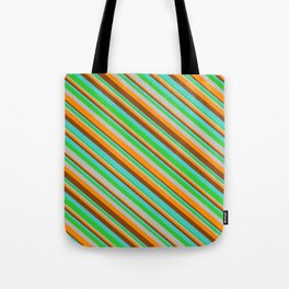 [ Thumbnail: Eye-catching Turquoise, Lime Green, Grey, Dark Orange & Brown Colored Lines/Stripes Pattern Tote Bag ]