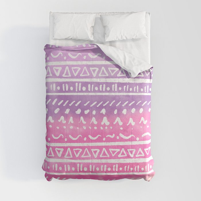Geometric hand drawn abstract white aztec modern summer pink purple coral ombre watercolor pattern Comforter
