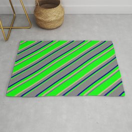 [ Thumbnail: Lime, Tan, Grey & Dark Blue Colored Lined/Striped Pattern Rug ]