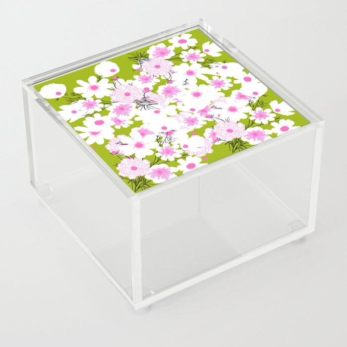 Retro Wild Spring Mums Flowers Green Acrylic Box