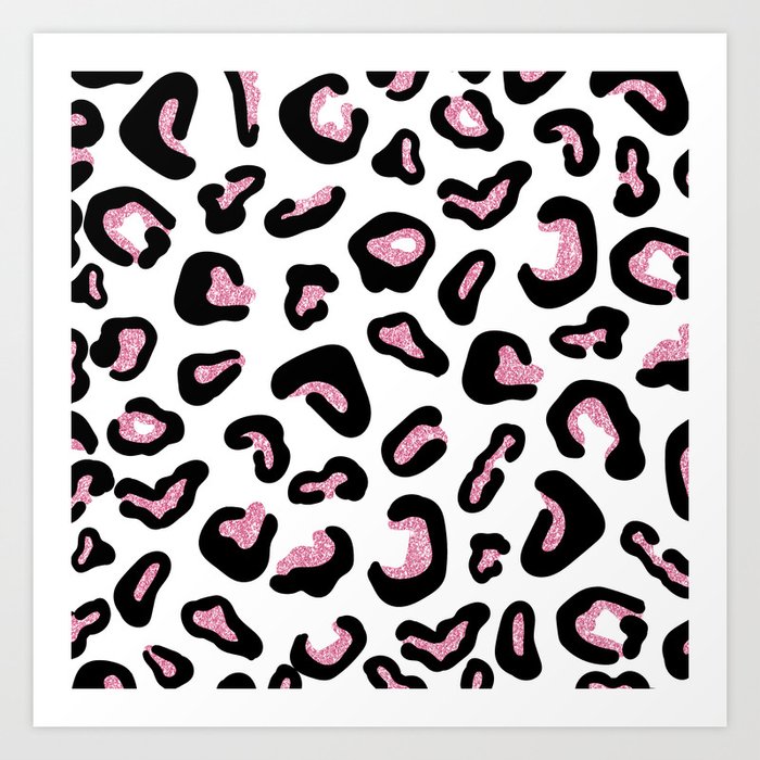 Hipster black white pink glitter leopard animal print Art Print