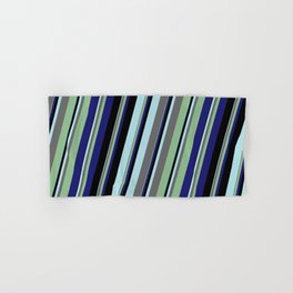 [ Thumbnail: Powder Blue, Dim Gray, Dark Sea Green, Midnight Blue, and Black Colored Lines/Stripes Pattern Hand & Bath Towel ]