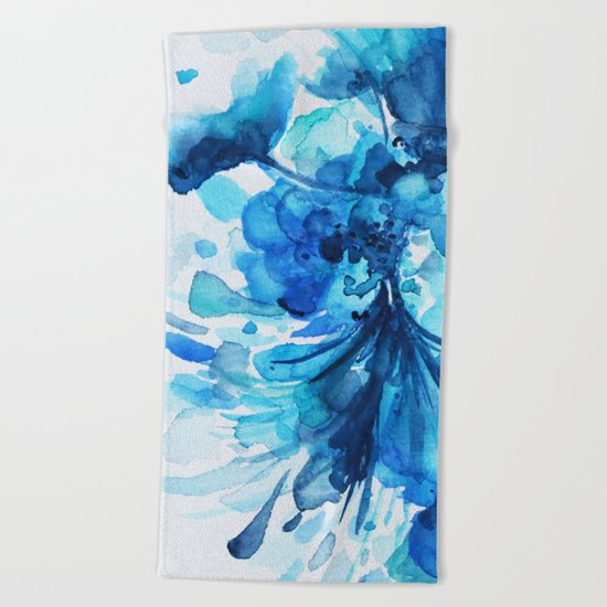 Blue Watercolor Floral Beach Towel