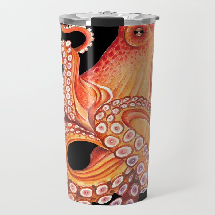 Red Orange Octopus Tentacles Kraken on Black Watercolor Art Travel Mug