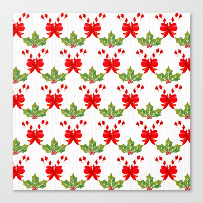 Christmas Pattern Watercolor Candy Bow Mistletoe Canvas Print