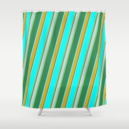 [ Thumbnail: Cyan, Orange, Sea Green, and Light Grey Colored Lined Pattern Shower Curtain ]
