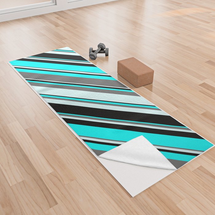 Aqua, Dim Gray, Light Cyan & Black Colored Lines/Stripes Pattern Yoga Towel