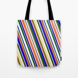 [ Thumbnail: Vibrant Blue, Tan, Dark Green, Red, and White Colored Stripes/Lines Pattern Tote Bag ]
