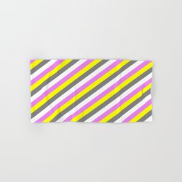 [ Thumbnail: Yellow, Gray, White, and Violet Colored Lined Pattern Hand & Bath Towel ]