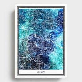 Berlin Germany Map Navy Blue Turquoise Watercolor Framed Canvas