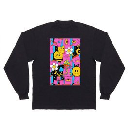 Pink Trippy Eye Blocks With White Flowers, Smileys and Mushrooms Long Sleeve T-shirt